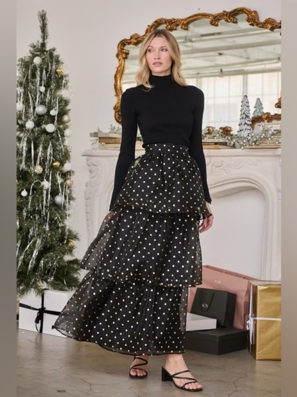 Sugar Lips NWT Tiered Black Maxi Skirt with Gold Polka Dots